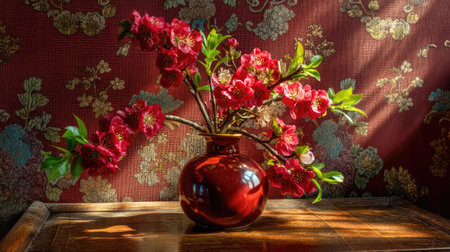 A stunning arrangement of vibrant red blossoms in a decorative vase creates a warm and inviting atmosphere, perfect for enhancing interior spaces.の素材