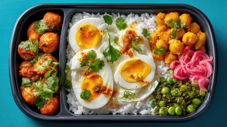 A vibrant meal prep featuring boiled eggs, spiced vegetables, and fluffy rice arranged in a sleek black container, ideal for healthy eating.の素材