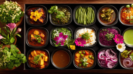 This vibrant image showcases an elegant arrangement of diverse fresh ingredients and dishes, perfect for culinary inspiration and healthy meal preparation.の素材