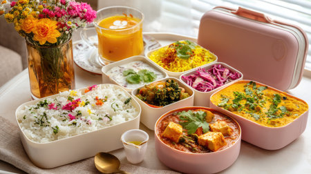 This vibrant display showcases a variety of Indian dishes in stylish meal containers, featuring rice, curry, and fresh vegetables alongside colorful garnishes.の素材