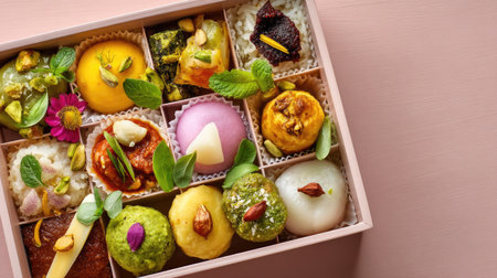 A beautiful assortment of traditional Indian sweets displayed in a decorative box, featuring a variety of vibrant colors and textures, garnished with nuts and flowers.の素材