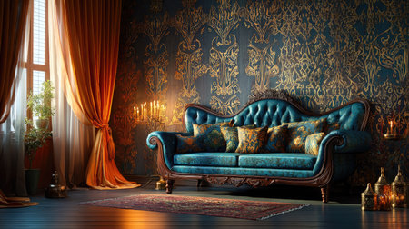 Discover an exquisite vintage living room featuring a stunning blue couch set against a richly textured wall. The cozy ambiance is enhanced by warm lighting, elegant drapery, and decorative elements that create a perfect space for relaxation and aesthetic appreciation.の素材