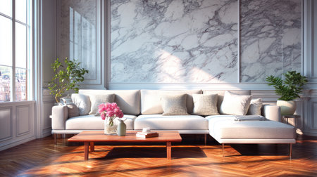 A bright and inviting living room featuring modern furniture, a stylish marble accent wall, and natural light streaming in. Perfect for showcasing elegant decor.の素材