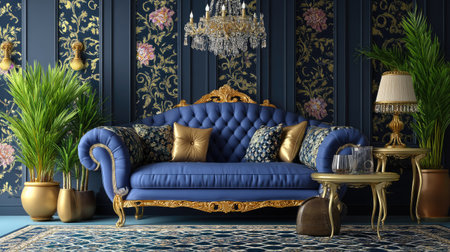 This captivating interior scene showcases a blue sofa with gold accents surrounded by elegant decor elements in a luxuriously designed space.の素材