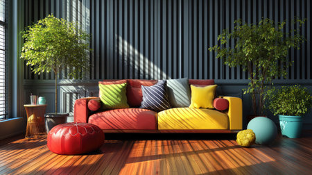 A vibrant and inviting modern living room featuring a colorful sofa with cushions, stylish dの素材