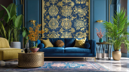 This stunning living room features a rich blue sofa set against a beautifully patterned wallpaper with gold accents. Lush indoor plants, a chic coffee table, and an artistic rug create a warm and inviting atmosphere suitable for relaxation and stylish living.の素材
