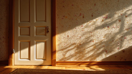 This image captures the serene beauty of sunlight casting shadows on a vintage wall and door in a cozy interior space, evoking warmth and tranquility.の素材