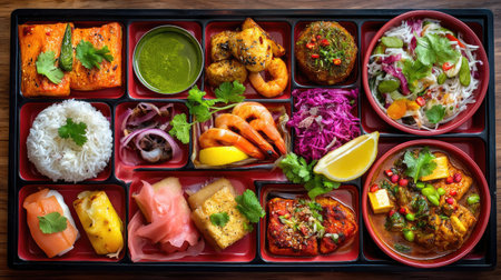 A beautifully arranged platter of vibrant Indian cuisine showcasing a variety of dishes, fresh ingredients, and traditional flavors perfect for food lovers.の素材