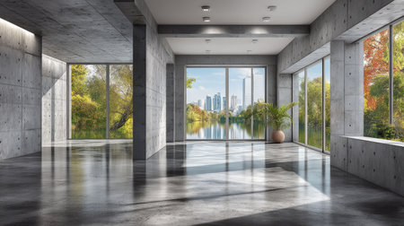 A stunning modern interior featuring concrete walls and large windows that provide breathtaking views of an urban river and surrounding nature.の素材