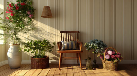 This charming interior scene showcases a wooden chair surrounded by vibrant flowers and lush greenery, beautifully illuminated by soft natural light.の素材