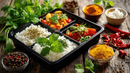 A beautifully arranged platter of Indian cuisine featuring rice, vibrant spices, and fresh herbs. Perfect for showcasing culinary creativity and healthy eating.の素材