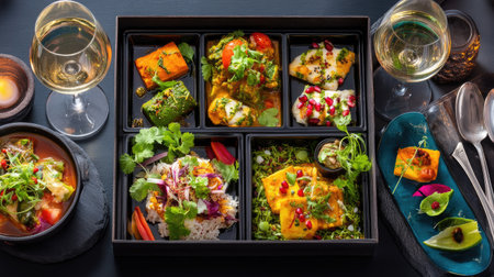 A beautifully arranged Indian cuisine platter featuring a vibrant assortment of dishes, fresh herbs, and elegant wine glasses, perfect for dining occasions.の素材