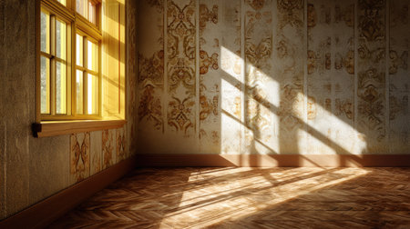 An abandoned room with yellow windows allows sunlight to pour in, casting intricate shadows on vintage wallpaper and hardwood flooring.の素材