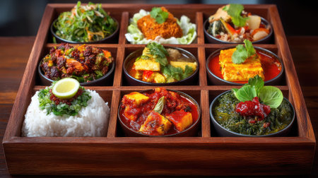A beautifully arranged assortment of colorful dishes in a wooden tray, featuring rice and a variety of fresh ingredients, ideal for food lovers.の素材