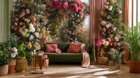 This image showcases a beautifully decorated living room featuring an abundant arrangement of flowers and greenery. The soft color palette and inviting furnishings create a serene atmosphere perfect for relaxation.の素材
