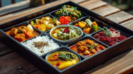 This vibrant Indian cuisine platter showcases an array of colorful dishes, offering a delightful mix of flavors, textures, and fresh ingredients, perfect for feasts.の素材