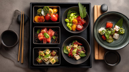 This image showcases an exquisite arrangement of gourmet Japanese cuisine on a sleek black tray, featuring vibrant vegetables, fresh ingredients, and artistic presentation. Perfect for culinary enthusiasts and food styling inspiration.の素材