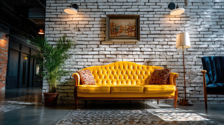 A striking yellow sofa creates a focal point in a modern living space featuring an exposed brick wall, decorative artwork, and a cozy ambiance.の素材