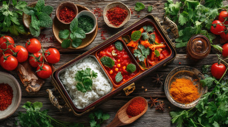 A colorful display of Indian cuisine featuring fresh herbs, spices, and vegetables, perfect for showcasing vibrant meal preparations and rustic dining.の素材