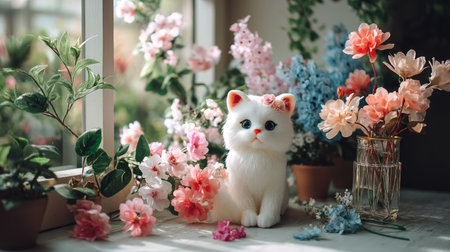 A cute plush cat sits among vibrant flowers in a sunny indoor garden. This charming scene captures the essence of warmth and creativity, perfect for decor.の素材