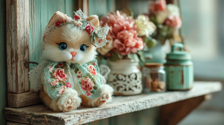 This charming plush cat doll showcases a floral scarf with soft features, harmonizing beautifully with a rustic decor and vibrant flowers in the background.の素材
