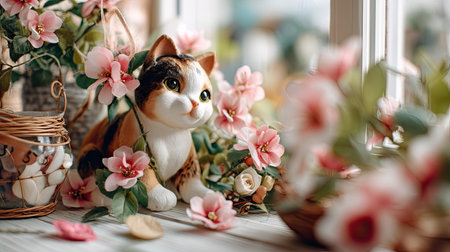 A charming cat figurine is nestled among delicate pink flowers on a bright surface, creating a peaceful and inviting atmosphere perfect for spring decor.の素材