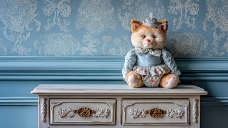 A charming vintage plush cat doll sits gracefully on a beautifully designed chest of drawers against a classic blue floral wallpaper background, adding a whimsical touch to any interior.の素材