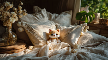 A cozy home setting showcasing an adorable plush toy fox nestled among soft pillows and dreamy blankets, illuminated by warm natural light.の素材