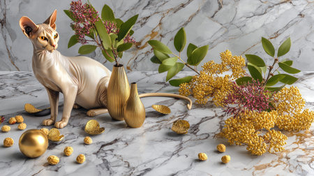 A charming Sphynx cat poses gracefully amidst lush decorative plants and vibrant flowers, bringing a touch of elegance and serenity to an intricate marble backdrop.の素材
