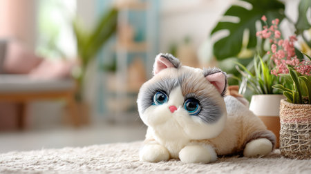 A charming plush cat toy lies peacefully on a soft carpet, surrounded by vibrant indoor plants and a cozy living space, evoking comfort and joy.の素材