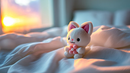This charming plush cat toy sits on a luxurious bed, illuminated by a warm sunset light, creating a serene atmosphere perfect for cozy moments.の素材