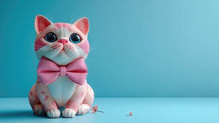 This charming cat figure features big expressive eyes and a stylish bowtie, set against a soft blue background, ideal for art lovers and collectors.の素材