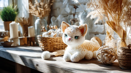 This charming crochet cat toy sits gracefully in a warm, sunlit artisan studio, surrounded by natural decor, invoking a cozy and inviting atmosphere.の素材