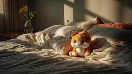 A delightful plush toy rests on a neatly made bed, surrounded by soft pillows and warm sunlight, creating a tranquil and inviting atmosphere in a cozy bedroom.の素材