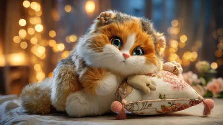This adorable plush cat toy features big eyes and soft fur, resting gently on a decorative pillow in a cozy indoor setting, radiating warmth and charm.の素材