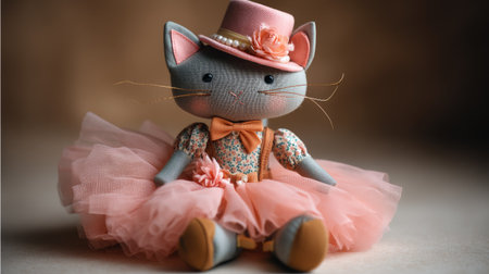 This charming handmade cat doll features a delightful pink tutu dress and a lovely hat adorned with flowers, perfect for children's room decor.の素材