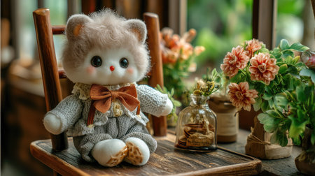 A charming doll sits comfortably on a rustic chair, surrounded by blooming flowers and vintage decor, creating a heartwarming and nostalgic scene.の素材