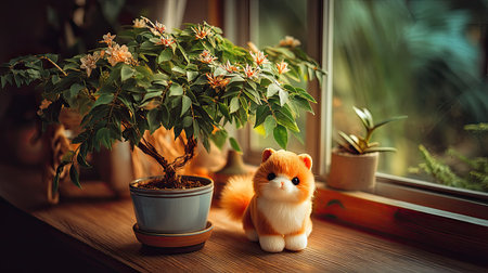 A charming plush toy fox stands next to a beautifully styled indoor plant by a sunlit window. This cozy scene captures warmth, comfort, and tranquility in any home setting.の素材
