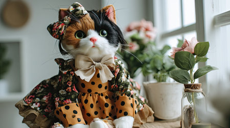 A charming cat doll dressed in a floral outfit with polka dots sits gracefully near fresh flowers, bringing joy and whimsy to any indoor space.の素材