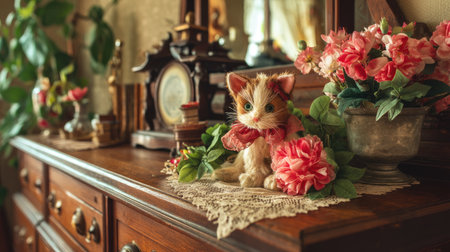 A delightful vintage scene featuring a handcrafted cat figurine with a bow, surrounded by colorful flowers on a wooden dresser. Perfect for home decor.の素材