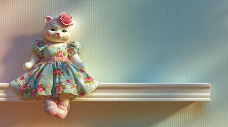 A charming cat doll dressed in a floral outfit with pink accessories sits gracefully on a shelf, evoking nostalgia and joy in a soft light.の素材