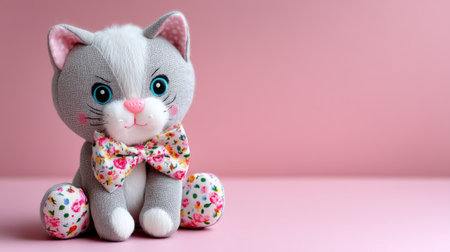 This charming gray plush cat toy features a delightful bow tie and vibrant floral patterns. Perfect for children's rooms, gifts, or as a lovely decorative piece.の素材