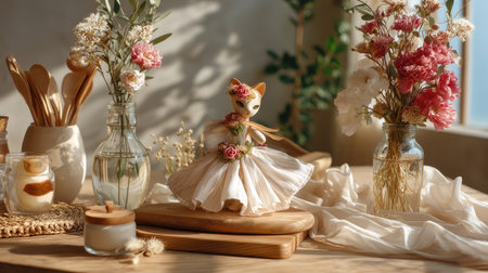 A delightful cat figure dressed in a floral arrangement sits in a beautifully lit kitchen. The artistry complements charming kitchen accessories and vibrant flowers.の素材