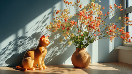 A charming cat figurine sits beside a vibrant floral arrangement in a sunlit room, creating a warm and inviting atmosphere with soft shadows and colors.の素材
