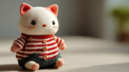 This adorable soft toy cat features a charming striped sweater and a cute expression, perfect for children's decor or as a delightful gift option.の素材