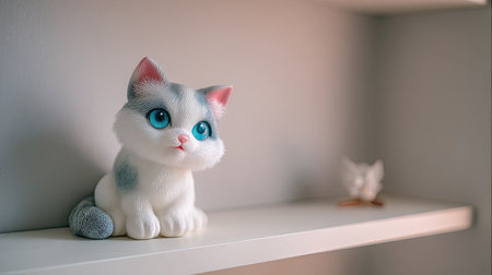 A close-up of a charming cat figurine featuring large blue eyes, sitting elegantly on a shelf. This playful piece adds a whimsical touch to any home decor.の素材