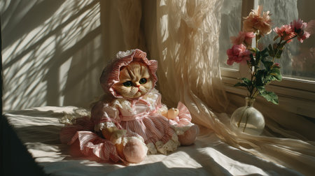 A charming cat doll in a vintage dress sits gracefully by a sunlit window. The scene features soft shadows and beautiful flowers, creating a nostalgic and whimsical atmosphere.の素材