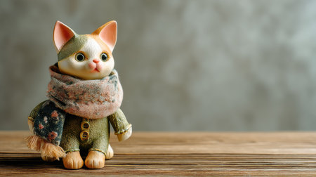This charming cat figurine, dressed in a cozy scarf and featuring button details, adds a whimsical touch to any decorative setting or gift idea.の素材