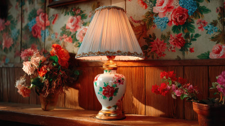 A beautifully styled vintage lamp with a floral pattern sits against a charming wallpaper backdrop, surrounded by vibrant flowers, creating a warm atmosphere.の素材