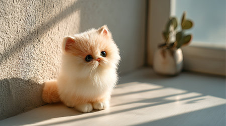A charming fluffy kitten sits peacefully on a windowsill, bathed in gentle sunlight. This adorable pet creates a cozy atmosphere in a serene indoor setting.の素材